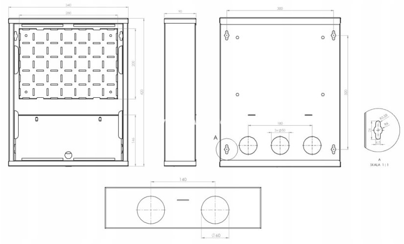 CTnet hybridní rozvaděč 420x340x90 mm, na omítku, rozměrový výkres