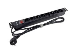 19“ napájecí panel 1U, 8xCZ, vypínač, 2m kábel CZ, RAL9005