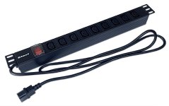 19“ napájecí panel 1U, 9x IEC C13, vypínač, 2m kábel C14, RAL9005