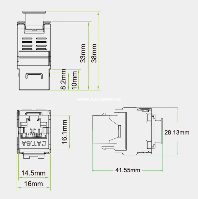 CTnet keystone FTP RJ45 cat.6A, samozářezový, rozměry
