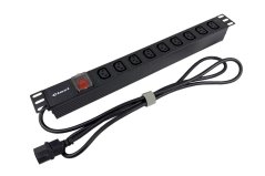 19“ napájecí panel 1U, 9x IEC C13, vypínač, 2m kábel C14, RAL9005