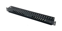 19‘‘ vyvazovací panel kovový s plastovou lištou 1U, průchozí, průchozí panel