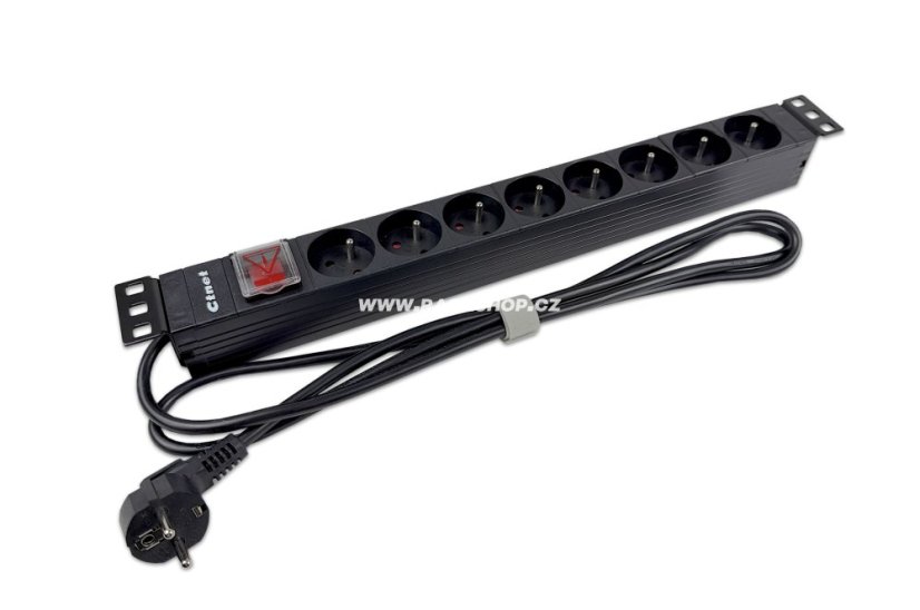 19“ napájecí panel 1U, 8xCZ, vypínač, 2m kabel CZ, RAL9005