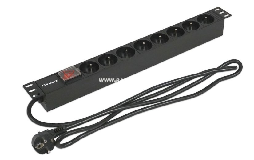 19“ napájecí panel 8x230V 16A s vypínačem, kabel 1,8m , 1U